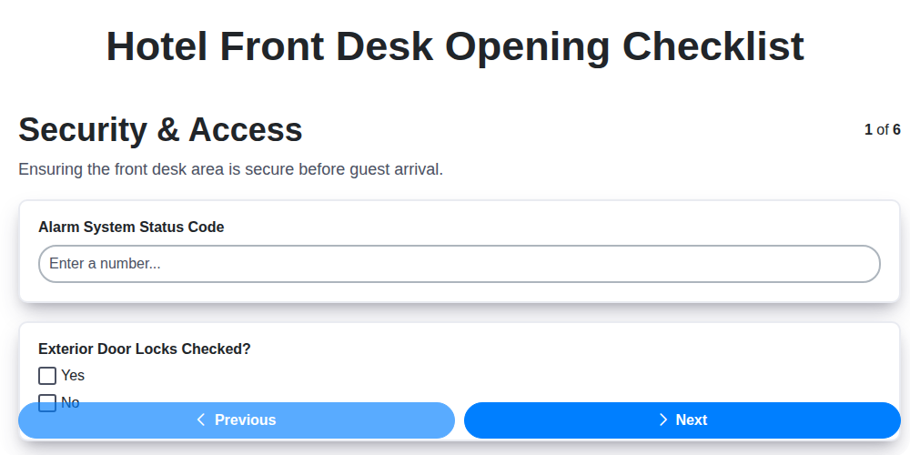 hotel front desk opening checklist screenshot