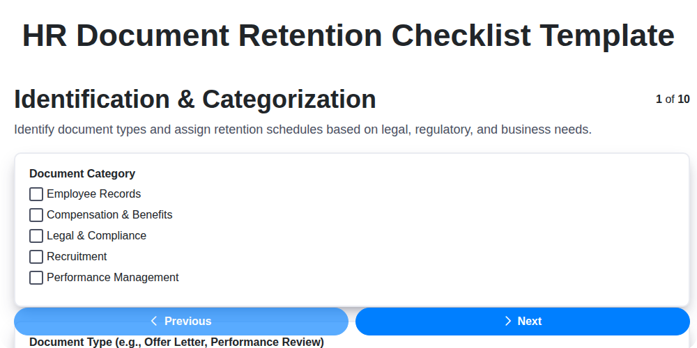 hr document retention checklist template screenshot