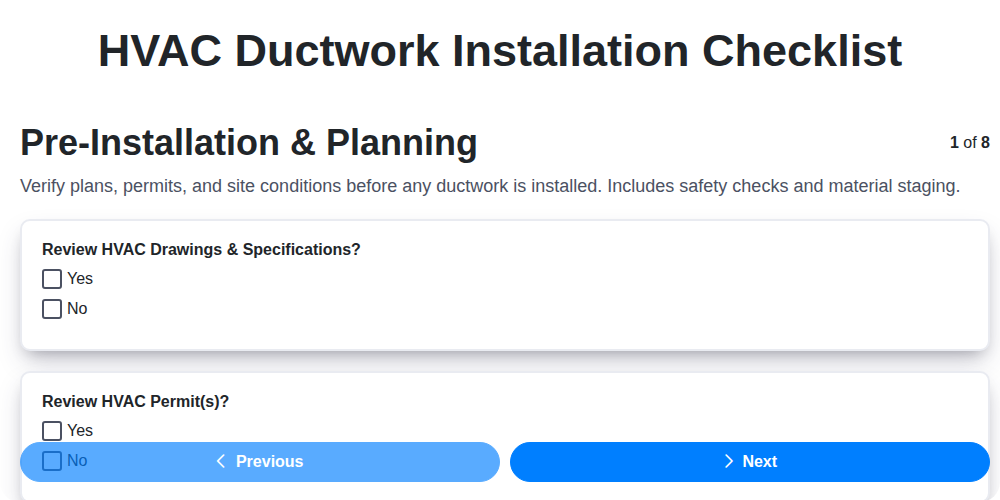 hvac ductwork installation checklist screenshot