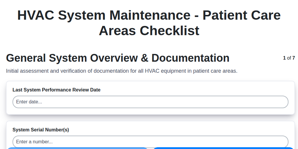 hvac system maintenance patient care areas checklist screenshot