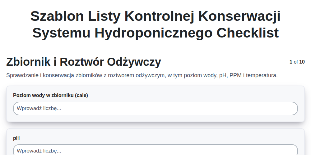 Szablon listy kontrolnej konserwacji systemu hydroponicznego screenshot