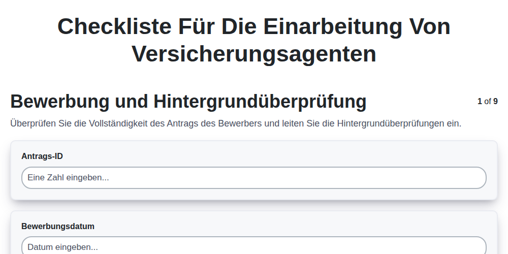 Checkliste für die Einarbeitung von Versicherungsagenten screenshot