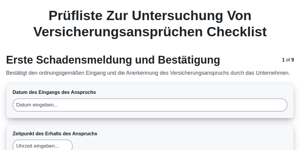 Prüfliste zur Untersuchung von Versicherungsansprüchen screenshot