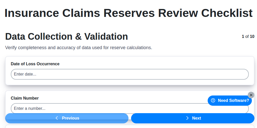 insurance claims reserves review checklist screenshot