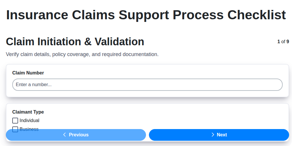 insurance claims support process checklist screenshot