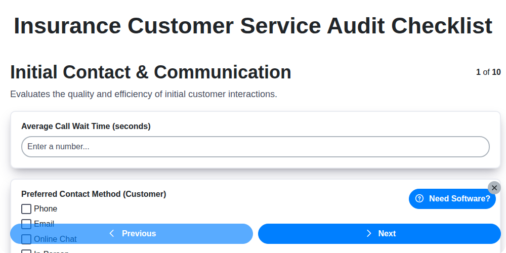 insurance customer service audit checklist screenshot