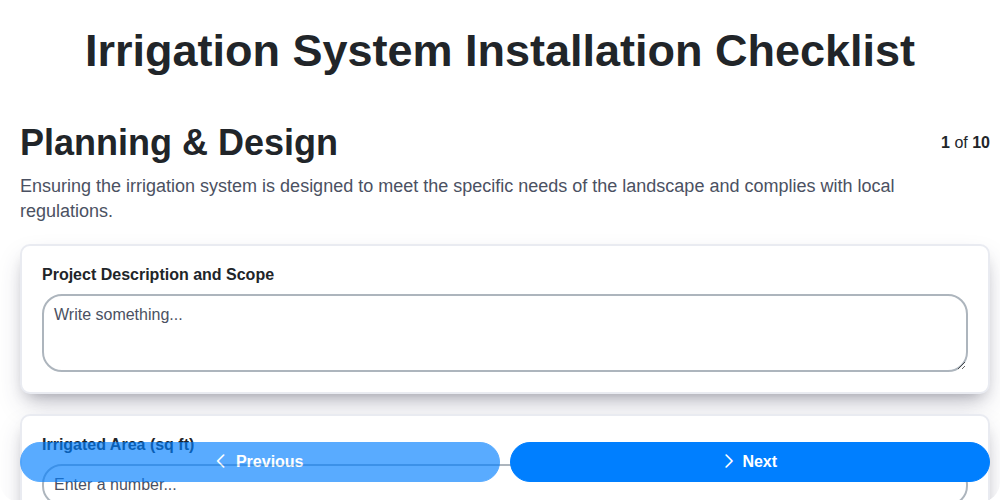 irrigation system installation checklist screenshot