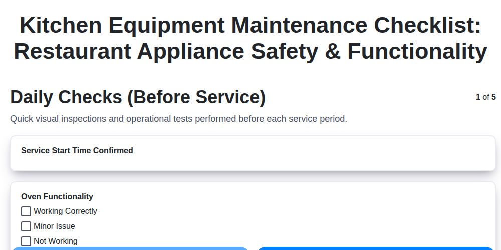 kitchen equipment maintenance checklist restaurant appliance safety functionality screenshot
