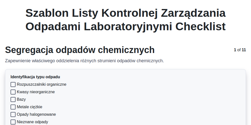 Szablon listy kontrolnej zarządzania odpadami laboratoryjnymi screenshot