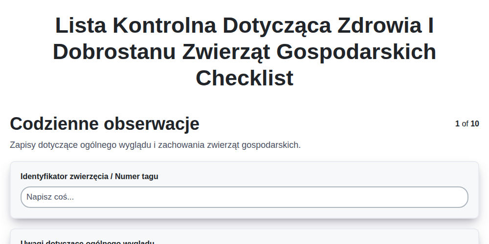 Lista kontrolna dotycząca zdrowia i dobrostanu zwierząt gospodarskich screenshot