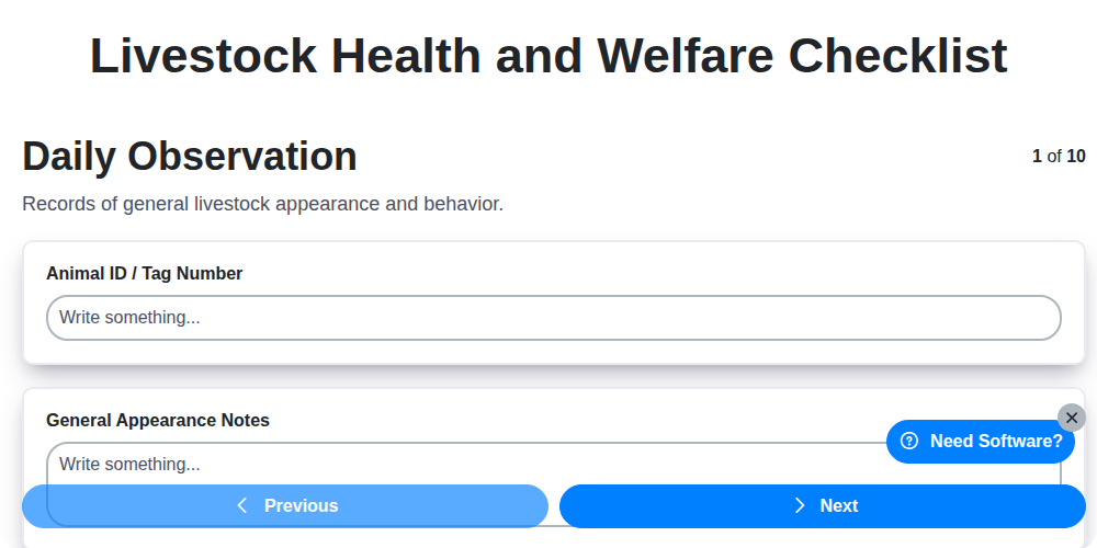 livestock health and welfare checklist screenshot