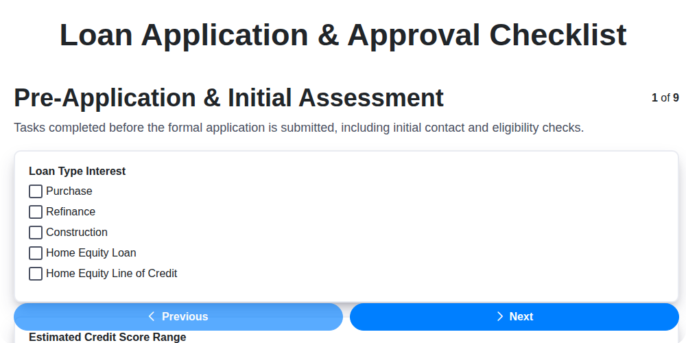 loan application approval checklist screenshot