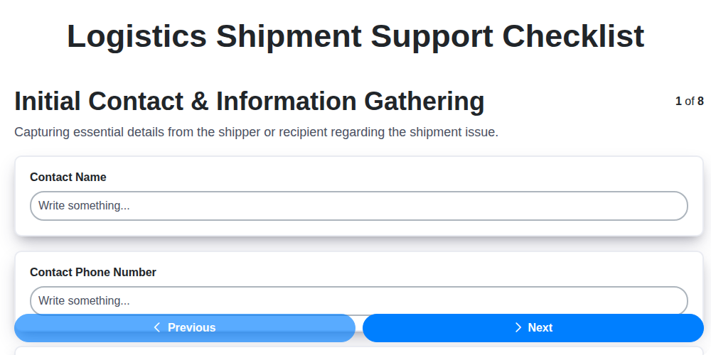 logistics shipment support checklist screenshot