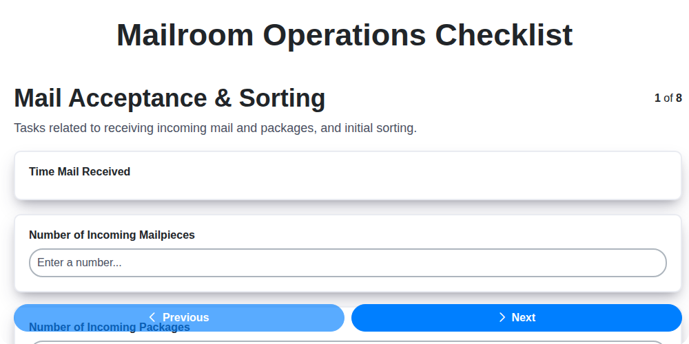 mailroom operations checklist screenshot