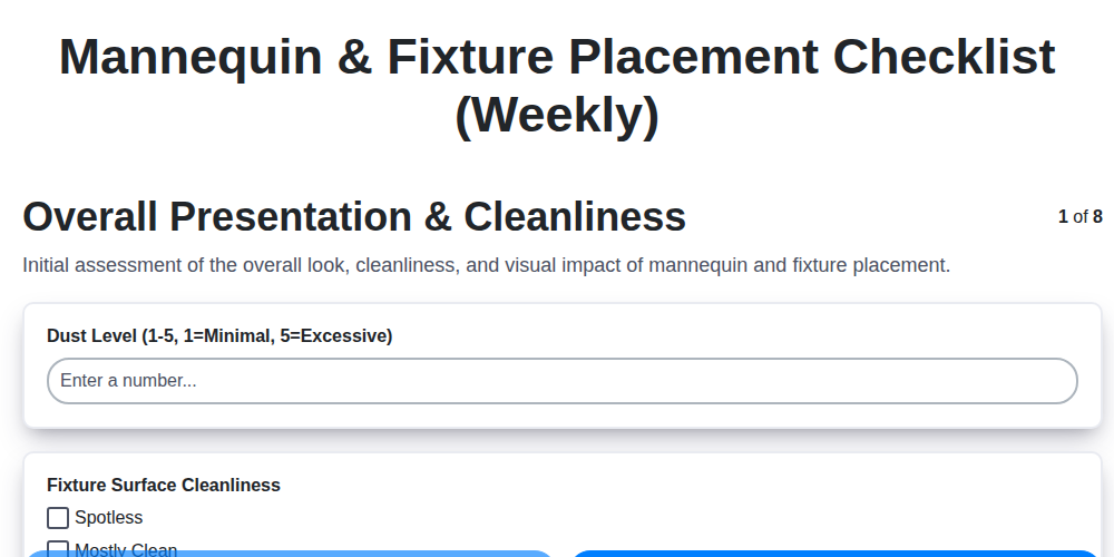 mannequin fixture placement checklist weekly screenshot