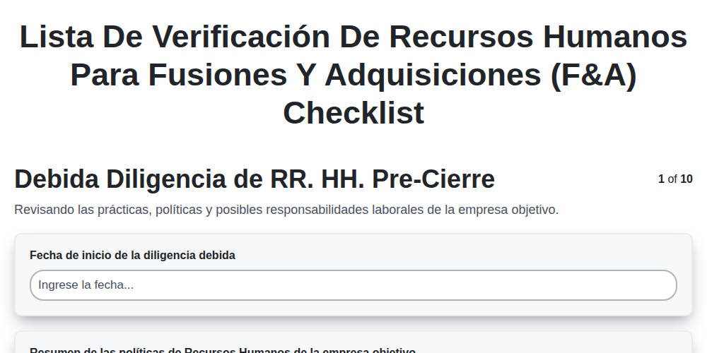 Lista de verificación de Recursos Humanos para Fusiones y Adquisiciones (F&A) screenshot