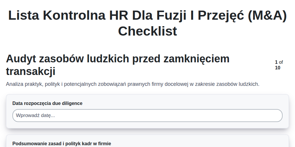 Lista kontrolna HR dla fuzji i przejęć (M&A)
 screenshot