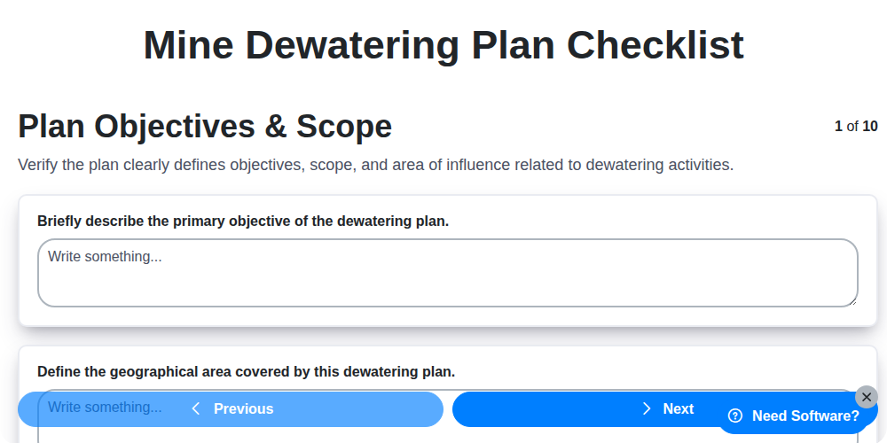 mine dewatering plan checklist screenshot