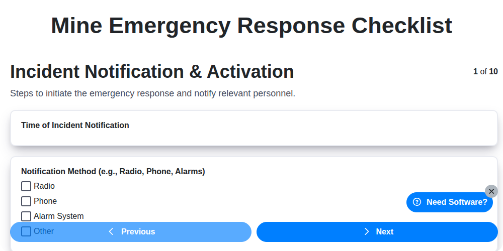mine emergency response checklist screenshot