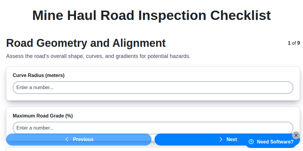 mine haul road inspection checklist screenshot