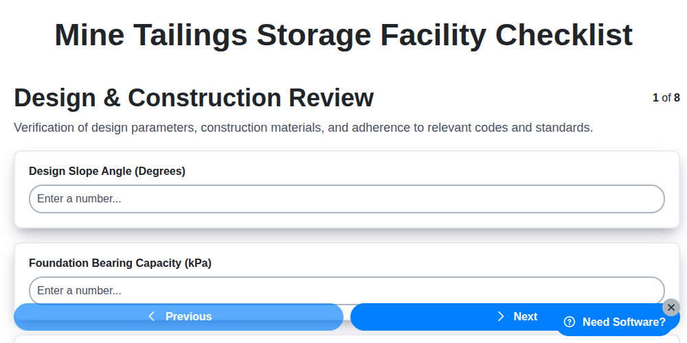 mine tailings storage facility checklist screenshot