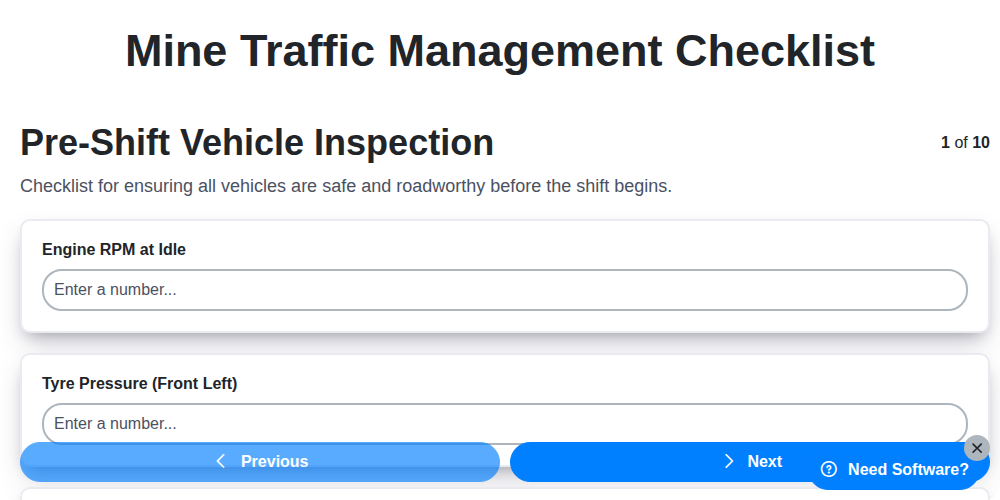 mine traffic management checklist screenshot