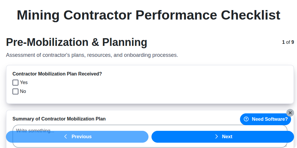 mining contractor performance checklist screenshot
