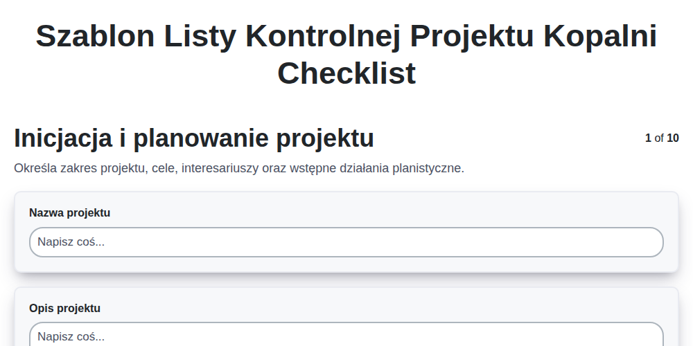 Szablon listy kontrolnej projektu kopalni screenshot