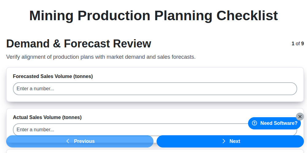 mining production planning checklist screenshot