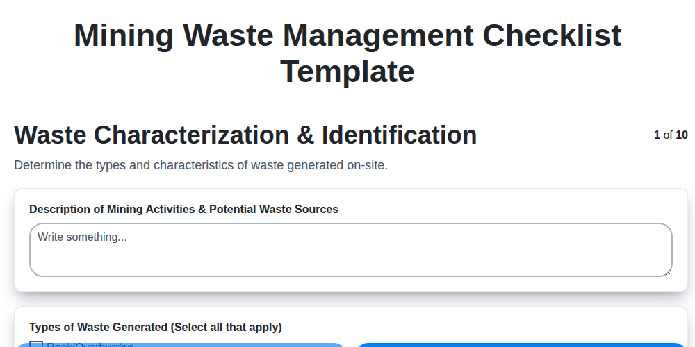 mining waste management checklist template screenshot