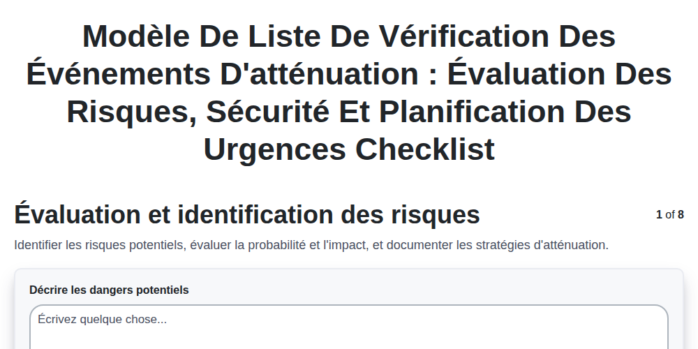 Modèle de liste de vérification des événements d'atténuation : Évaluation des risques, sécurité et planification des urgences screenshot