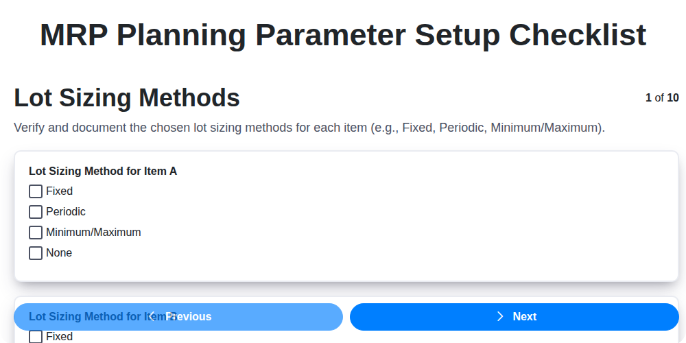 mrp planning parameter setup checklist screenshot