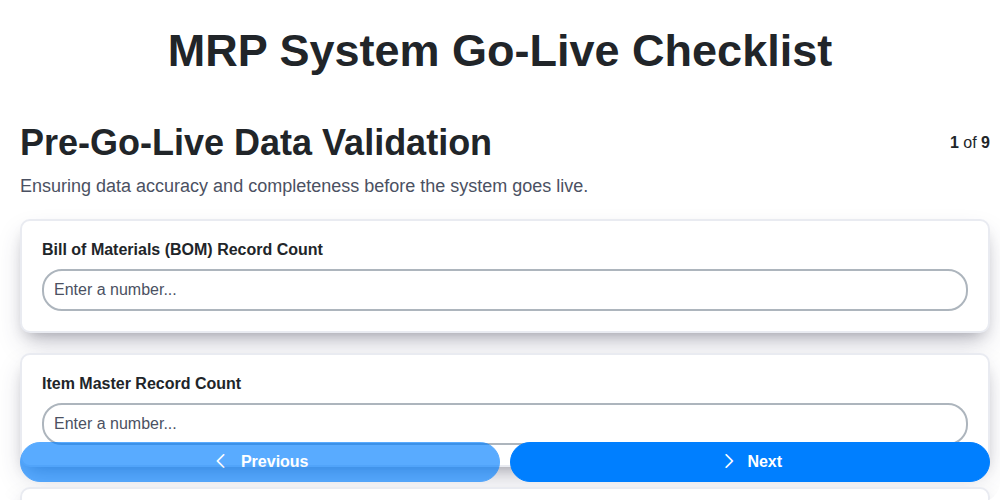 mrp system go live checklist screenshot