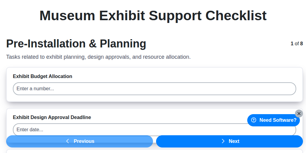 museum exhibit support checklist screenshot