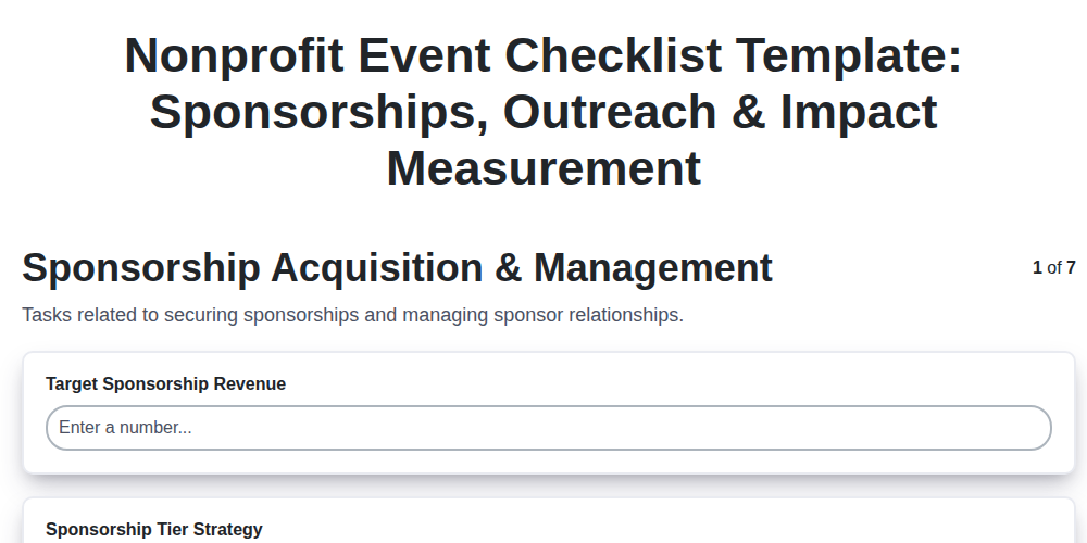 nonprofit event checklist template sponsorships outreach impact measurement screenshot