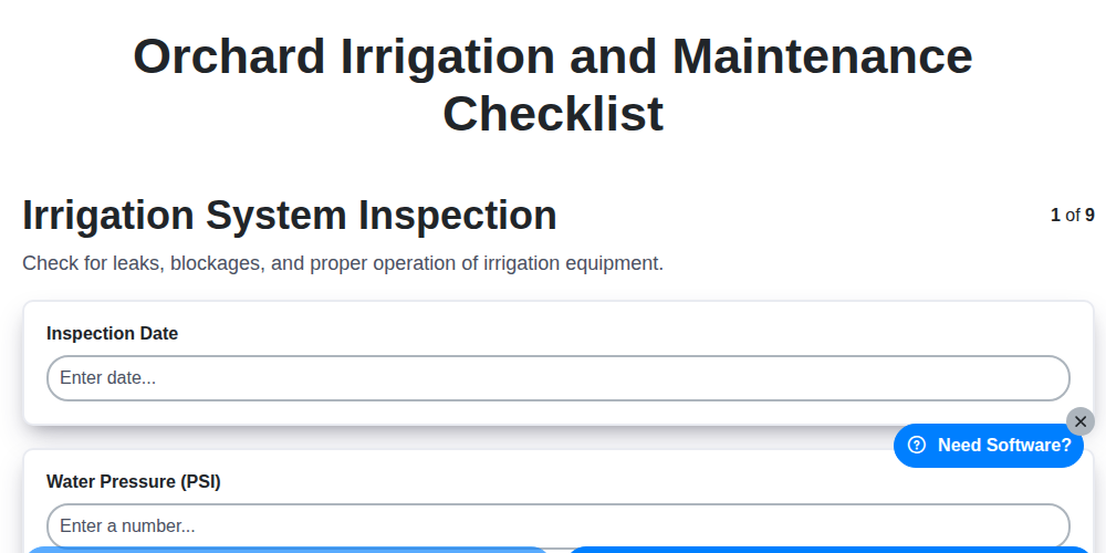 orchard irrigation and maintenance checklist screenshot