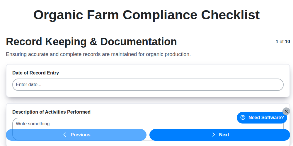 organic farm compliance checklist screenshot