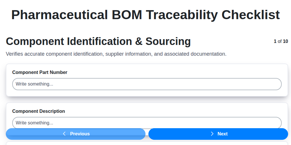 pharmaceutical bom traceability checklist screenshot