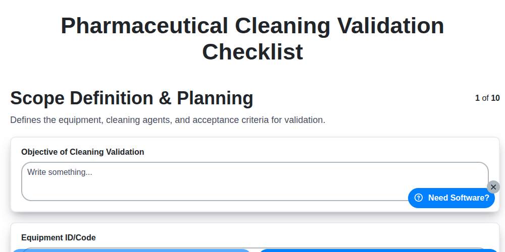 pharmaceutical cleaning validation checklist screenshot