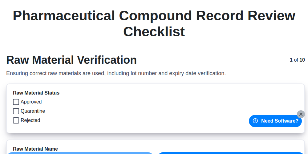 pharmaceutical compound record review checklist screenshot