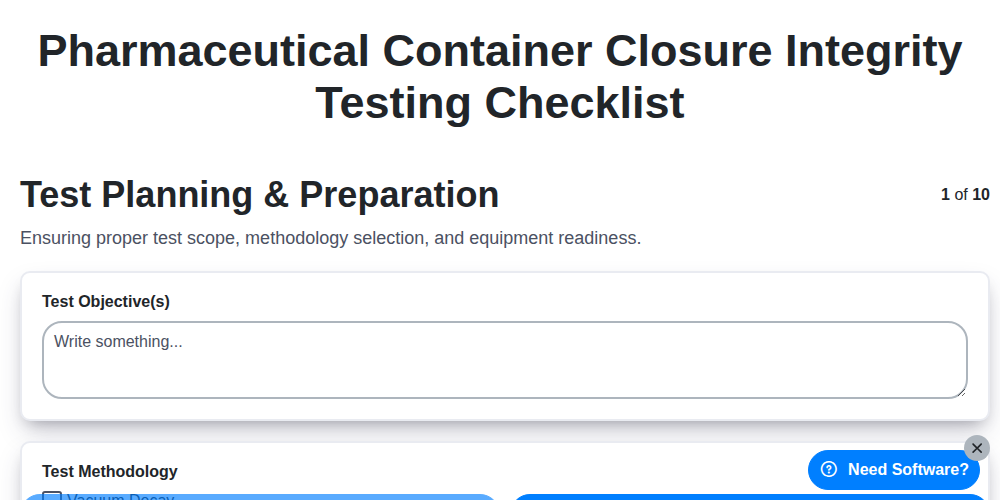 pharmaceutical container closure integrity testing checklist screenshot
