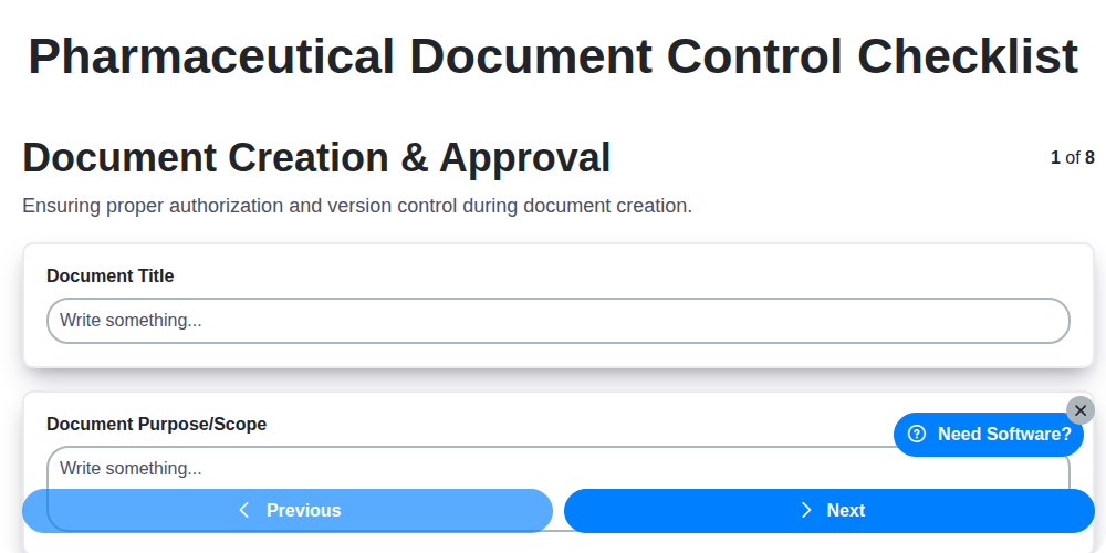 pharmaceutical document control checklist screenshot