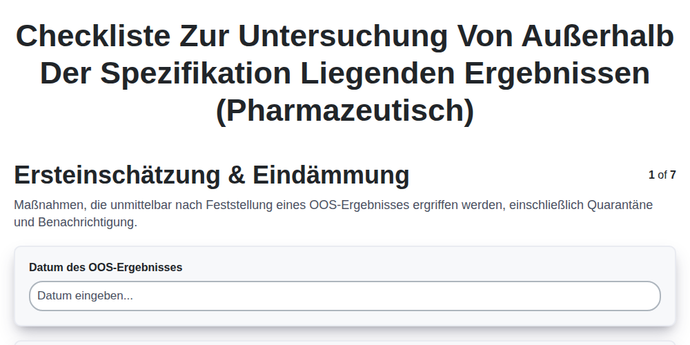 Checkliste zur Untersuchung von außerhalb der Spezifikation liegenden Ergebnissen (pharmazeutisch) screenshot