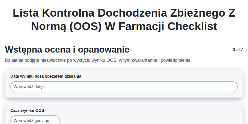 Lista kontrolna dochodzenia zbieżnego z normą (OOS) w farmacji screenshot