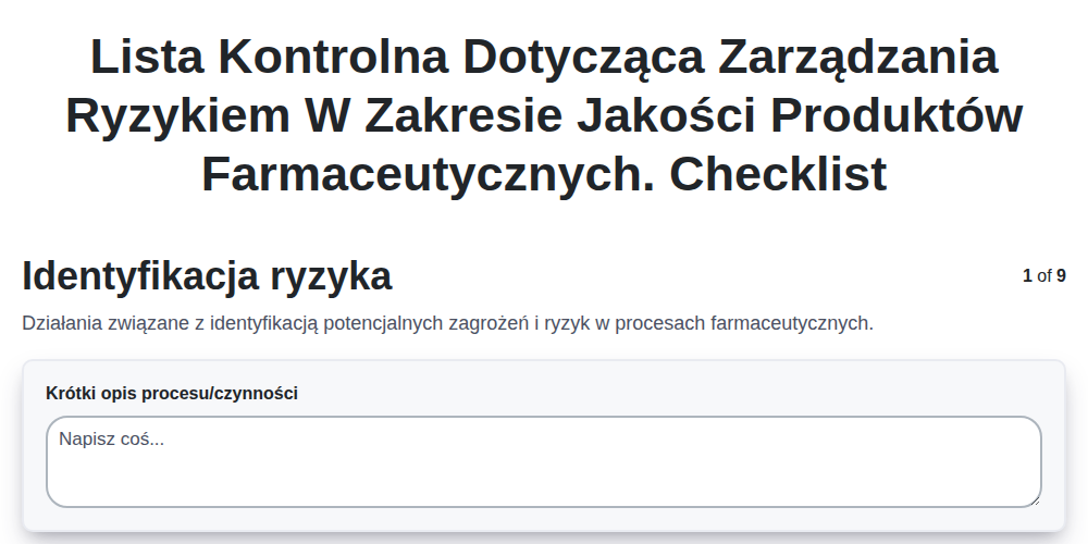 Lista kontrolna dotycząca zarządzania ryzykiem w zakresie jakości produktów farmaceutycznych. screenshot