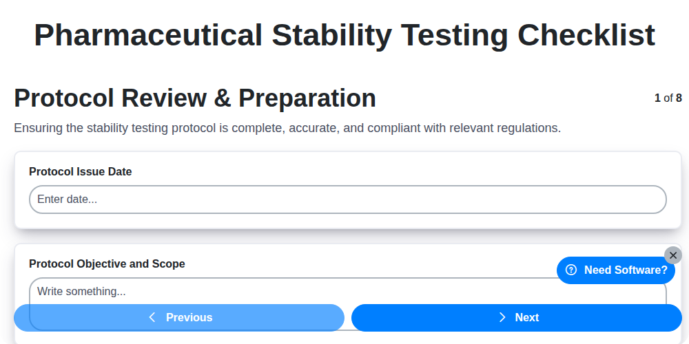 pharmaceutical stability testing checklist screenshot