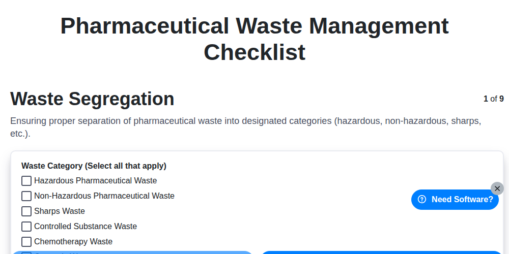 pharmaceutical waste management checklist screenshot