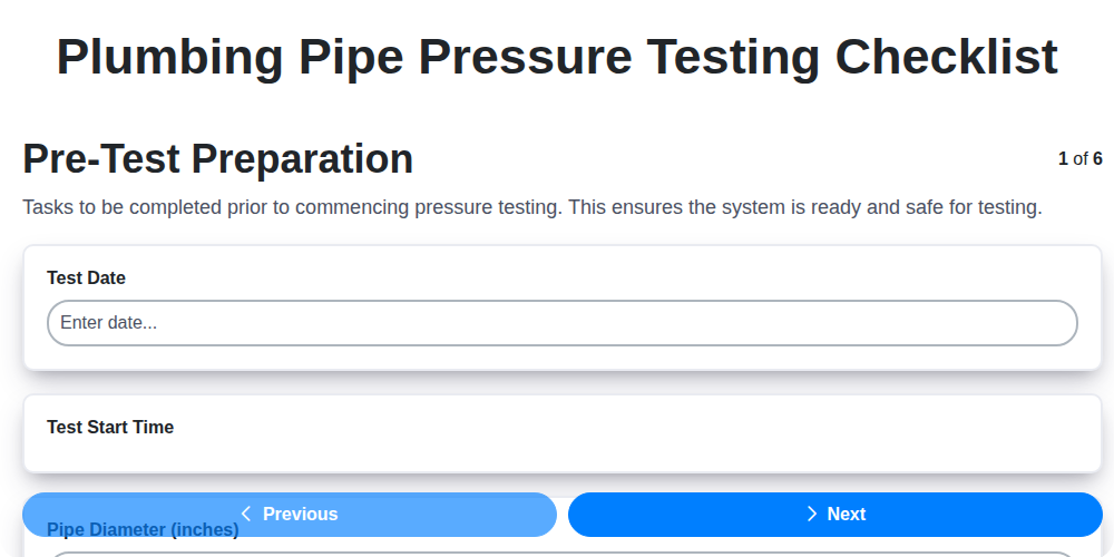 plumbing pipe pressure testing checklist screenshot