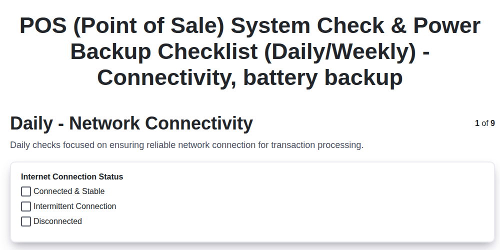 pos point of sale system check power backup checklist daily weekly connectivity battery backup screenshot