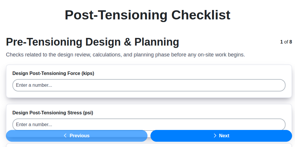 post tensioning checklist screenshot